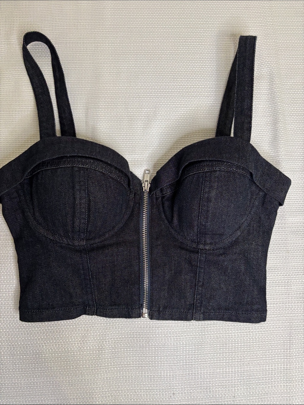 Guess Black Denim Bustier Crop Top with Front Zip Size XS